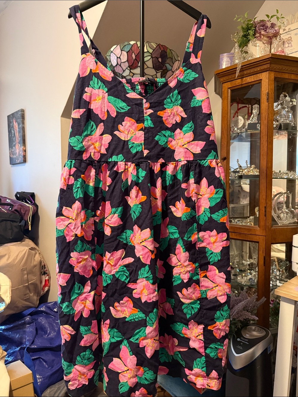 Lane Bryant Navy Sundress with Pink Floral & Green Leaves